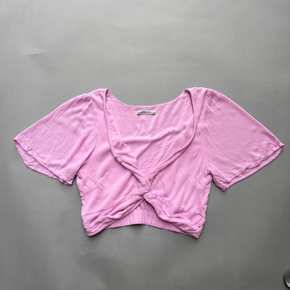 Coquette cottagecore boho knotted pink crop top with flutter sleeve size L